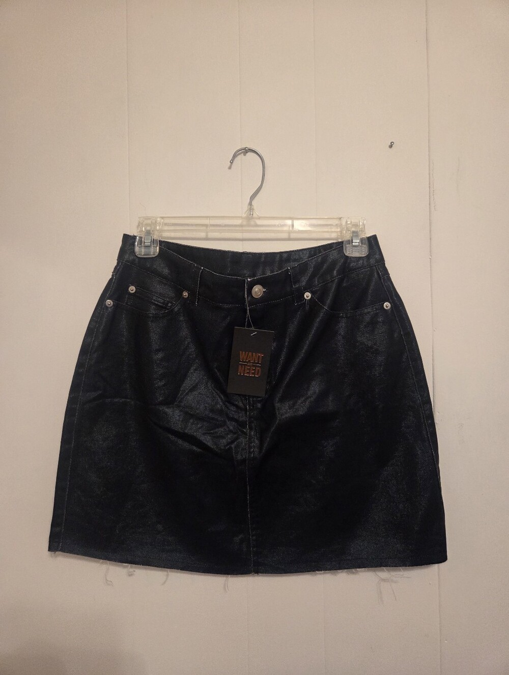 NWT Want and Need Coated Denim Mini Skirt.